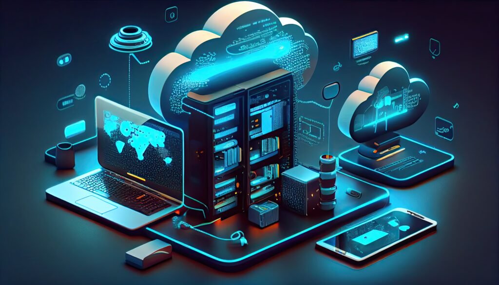Cloud technology computing Devices connected to digital storage in the data center via the Internet IOT Smart Home Communication laptop tablet phone home devices with an online
