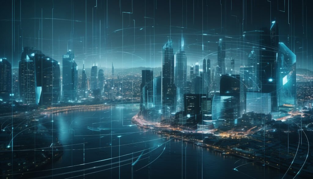 Futuristic skyscrapers illuminate the city at night generated by AI